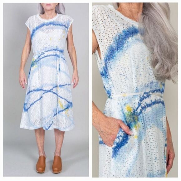 NEW Raquel Allegra Alice Eyelet Shift Dress in Blue Watercolor US Size Small 4/6 - Picture 11 of 13